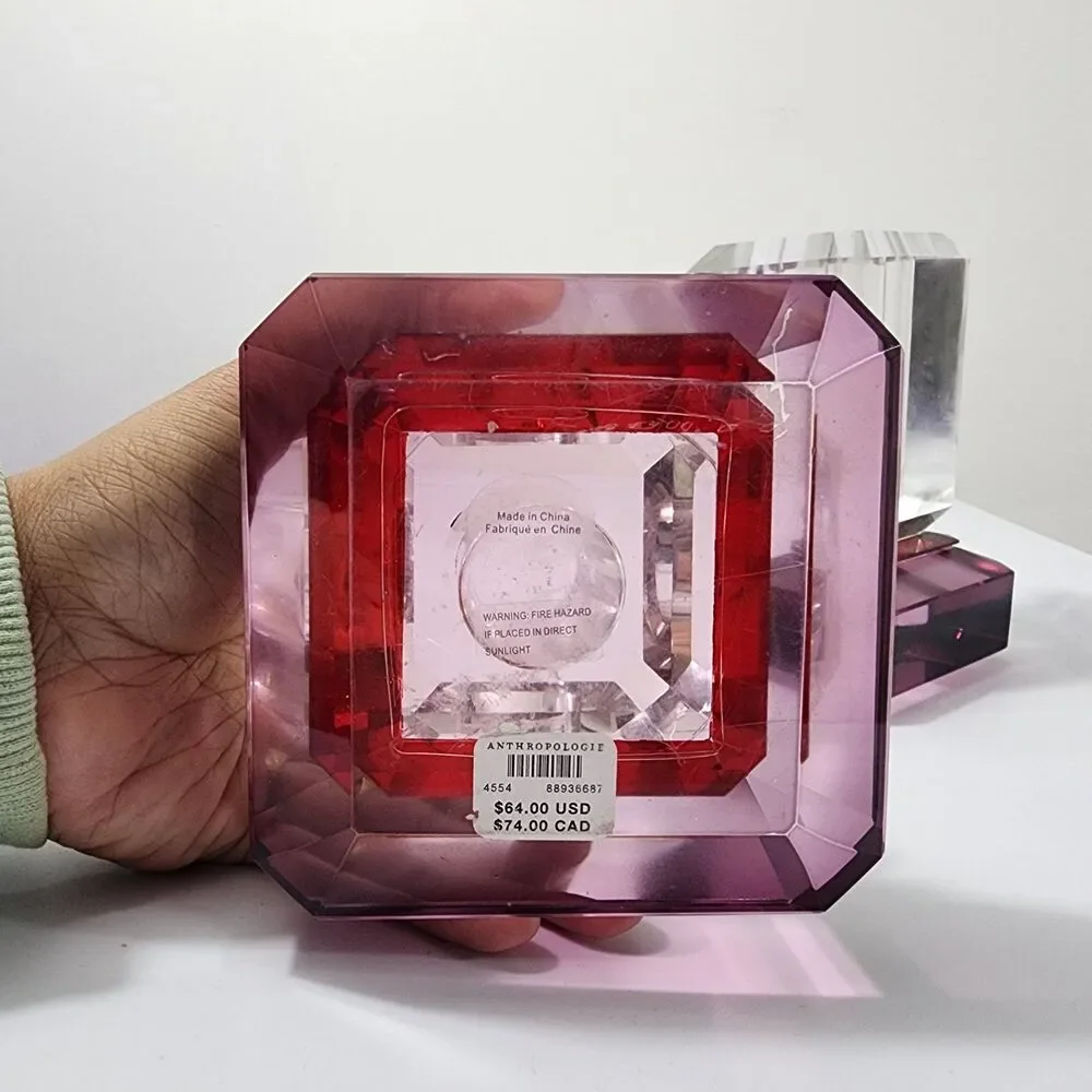 Anthropologie Crystal Cut Glass Vase Clear Pink 2Pc Set Stacked Footed Square